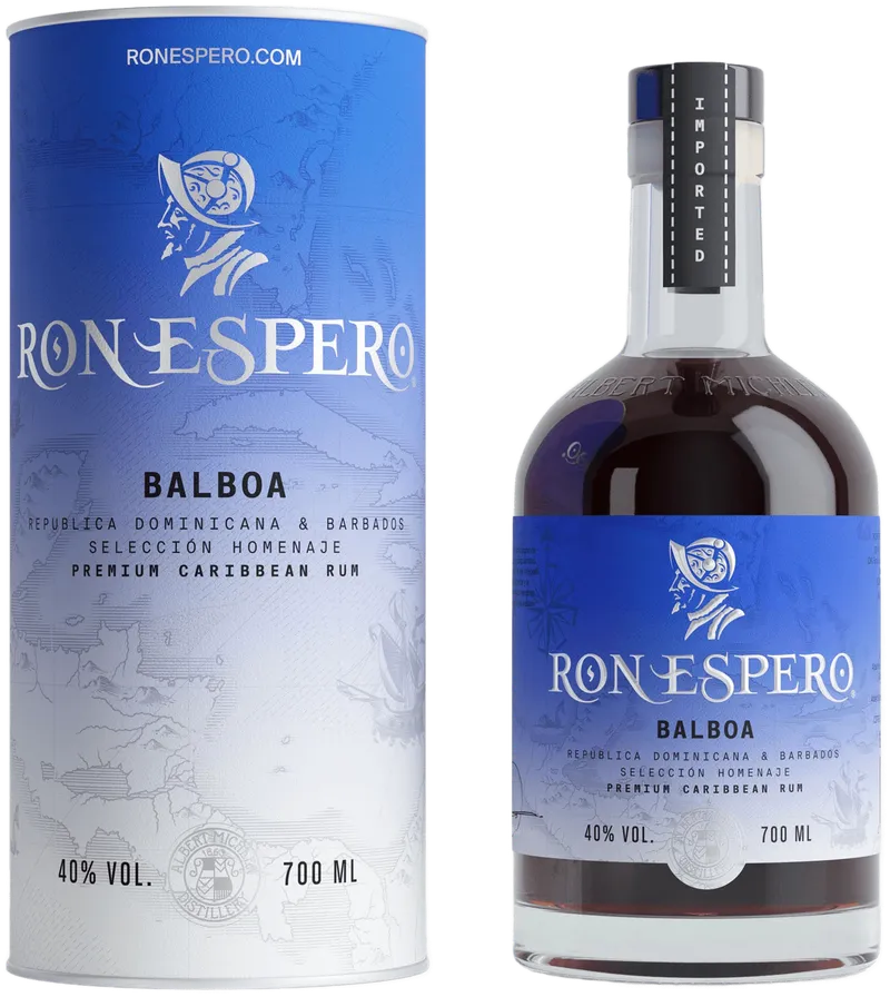 Ron Espero Reserva Balboa, dárkový set: modrý tubus a láhev tmavého rumu