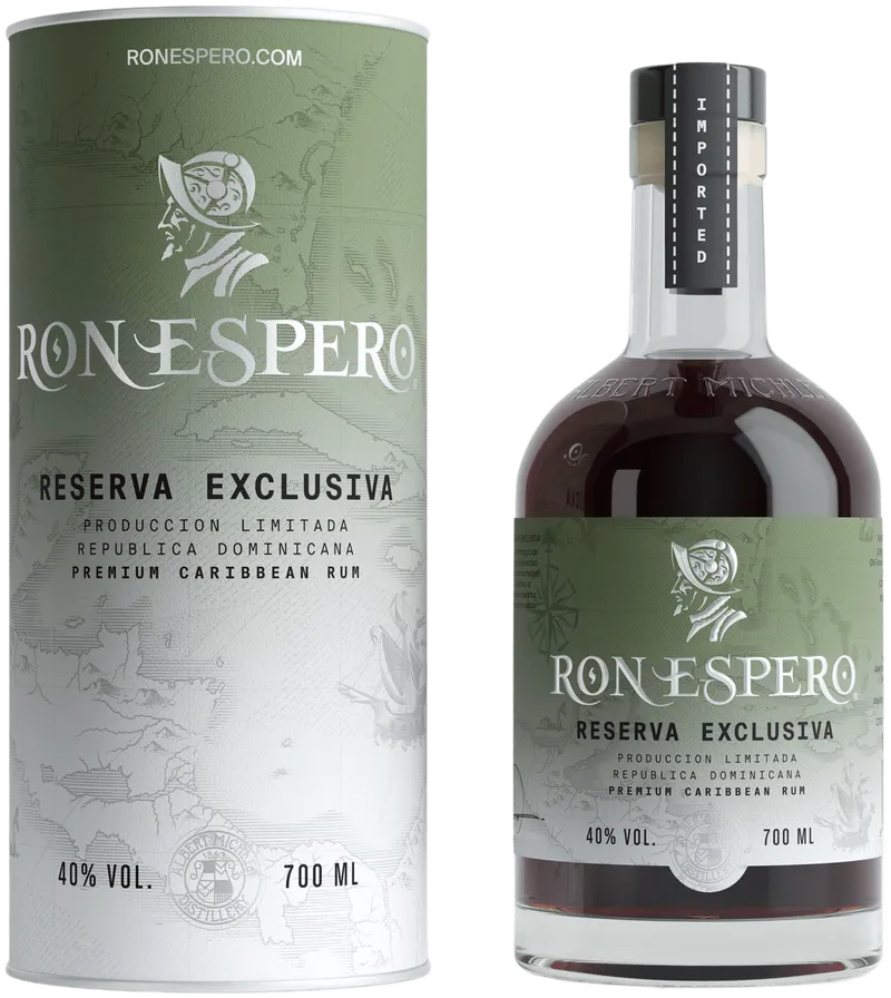 Ron Espero Reserva Exclusiva, dárkový set: olivově zelený tubus a láhev tmavého rumu