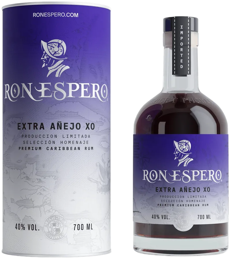 Ron Espero Extra Añejo XO, dárkový set: fialový tubus a láhev tmavého rumu